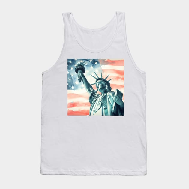 Statue of Liberty closeup with United States of America flag background watercolor Tank Top by SPJE Illustration Photography